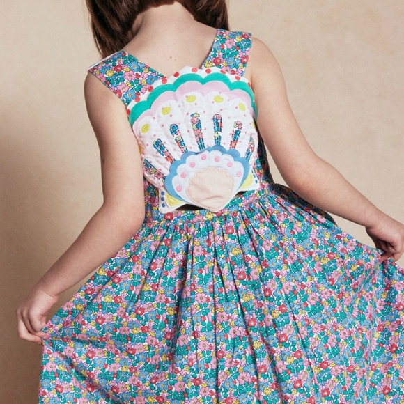 Mini Boden - Zadie Blue Floral Shell Applique Cross-Back Dress, Size 7-8 - Picture 1 of 6